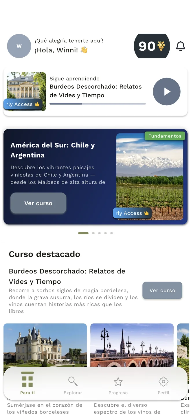 Inicio de WineMind con un curso para continuar y lecciones destacadas